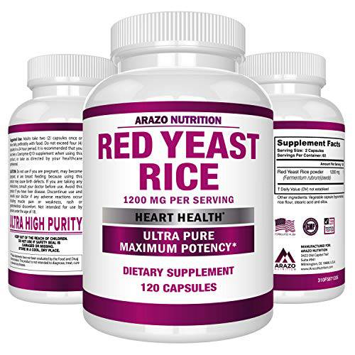 Arazo Nutrition Red Yeast Rice Extract 1200mg – Citrinin Free Supplement – Vegetarian 120 Capsules