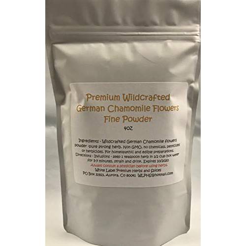 White Label Premium Herbs and Spices Wildcrafted German Chamomile Flowers Dried Powder | 4oz | Matricaria chamomilia | Tea Powder Aromatic Potent | The Bloomin Herb Shoppe