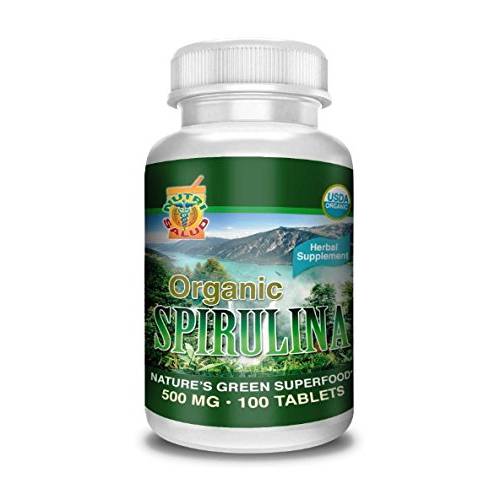 Spirulina Organica 100 Tabletas 500MG, Alga spirulina 100% Natural, combate Anemia, Regula niveles de azucar, Reduce colesterol, 100% pura y orgánica.