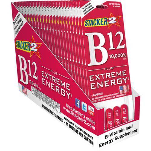 B12 Extreme Energy + Stacker 2 10,000% RDA - (24) Four Count Blister Pks by Stacker