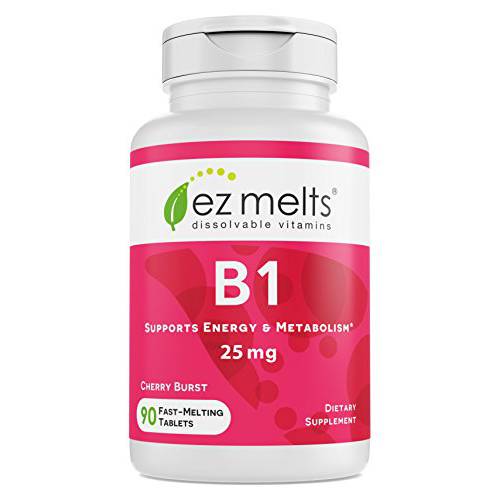 EZ Melts B1 as Thiamine, 25 mg, Immune Support, Sublingual Vitamins, Vegan, Zero Sugar, Natural Cherry Flavor, 90 Fast Dissolve Tablets