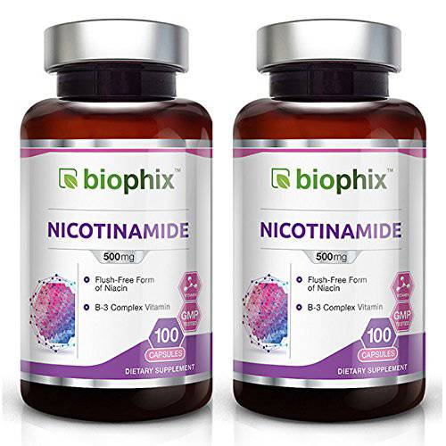 biophix B-3 Nicotinamide 500 mg 100 Caps 2 Pack - Nicotinic Amide Niacin Natural Flush-Free Vitamin Formula - Supports Skin Cell Health