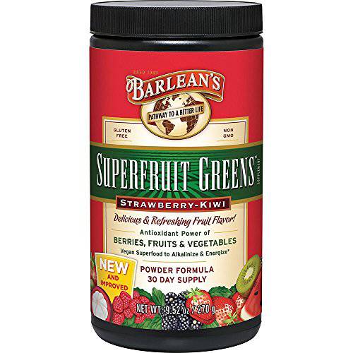 Barlean’s Superfruit Greens Powder with Antioxidant Power of Berries, Fruits and Vegetables – Strawberry Kiwi Flavor - Vegan, Non-GMO, Gluten-Free - 9.52 oz