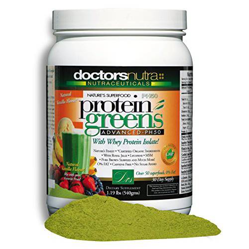 PH50 Protein Greens Drink with Certified Organic Ingredients by Doctors Nutra Nutraceuticals, 1.19 Pounds (540 Grams) 50 Superfoods with Digestive Enzymes, Natural Vanilla Flavor