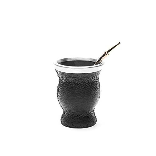 BALIBETOV [New Leather & Glass Yerba Mate Gourd Set (Mate Cup) with Yerba Mate Bombilla (Straw) (Black)