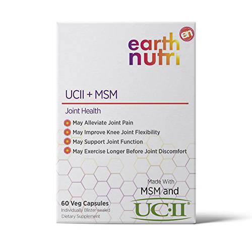 EarthNutri Joint UC-II + MSM for Bone Health and Flexibility. Promotes Healthy Joint Repair and Better Movement. 40mg UC-II Providing 10mg Total Collagen & 1000mg MSM. 60 Veg Caps, Blister Sealed.