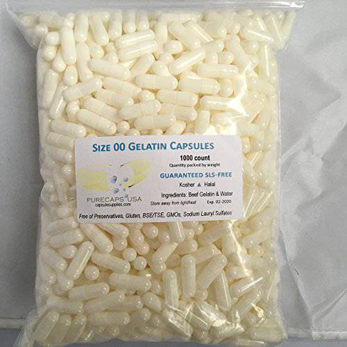 PurecapsUSA – Empty White Gelatin Pill Capsules - Fast Dissolving and Easily Digestible - Preservative Free with Natural Ingredients - (1,000 Joined Capsules) - Size 00