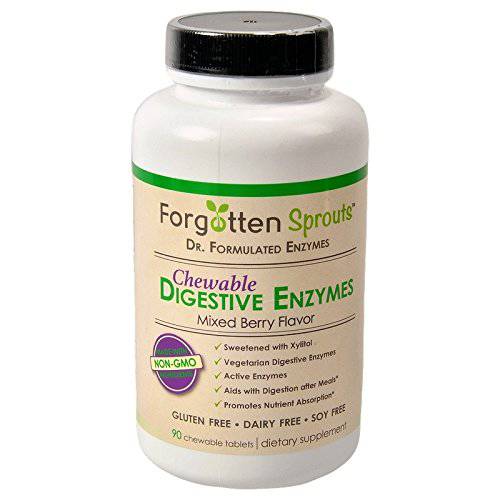 Non-GMO Chewable Digestive Enzymes w/Xylitol - 90 Tablets- Berry Flavored - 5% of Sales Donated to Charity - by Forgotten Sprouts