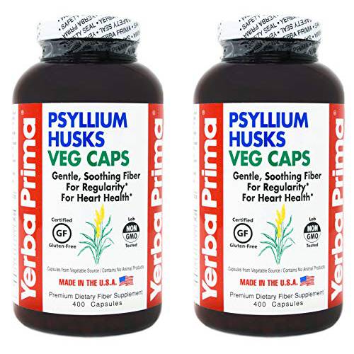 Yerba Prima Psyllium Husks Veg Caps, 400 Capsules (625mg) (Pack of 2) - Vegan, Non-GMO, Gluten Free, Colon Cleanser, Daily Fiber Supplement for Gut Health & Regularity