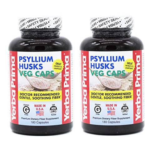 Yerba Prima Psyllium Husks Veg Caps - 180 Count (2 Pack) (625mg) - Vegan, Non-GMO, Gluten Free, Colon Cleanser, Daily Fiber Supplement for Gut Health & Regularity