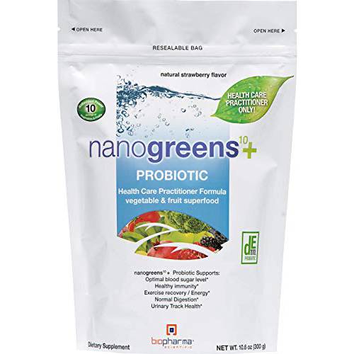 Biopharma Scientific NanoGreens + Probiotic Fruit and Vegetable Superfood Powder | Natural Strawberry Flavor | 30 Servings | Spirulina, Chlorella, Kale, Probiotic Bacillus Subtilis