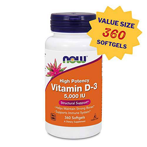 Now Foods Vitamin D3 (Cholecalciferol) - 5,000 IU, 360 Softgels - High Potency Bone Health and Immunity Support Supplement, Mood Booster - Halal, Kosher - 360 Count (Pack of 1)