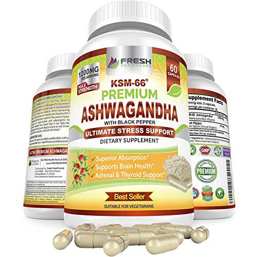 Ashwagandha KSM-66 by Fresh Healthcare, 1200mg Pure and Potent Root Extract Capsules with Natural Black Pepper for High Absorption, Non-GMO Vegan Supplement Pills