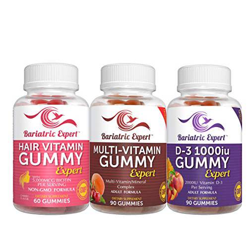 Bariatric Multivitamin 3 Pack, Multivitamin Gummy 90 Chews. - D3 Gummy 90 Chews.- Hair Vitamin Gummy 60 Chews.