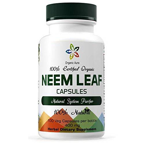 Organic Aura Premium Neem Capsules. 100% Pure and Original. Green Whole Superfood. Made with USDA Certified Organic Neem. Natures Miracle Detoxifying Agent. No GMO. Gluten Free.