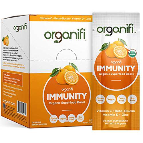 Organifi Immunity - Organic Superfood Immunity Support - 14 Single Serve Packets - Immunity Powder for T Cell Production and Upper Respiratory Health - Mushroom Beta Glucans, Vitamin C, D and Zinc
