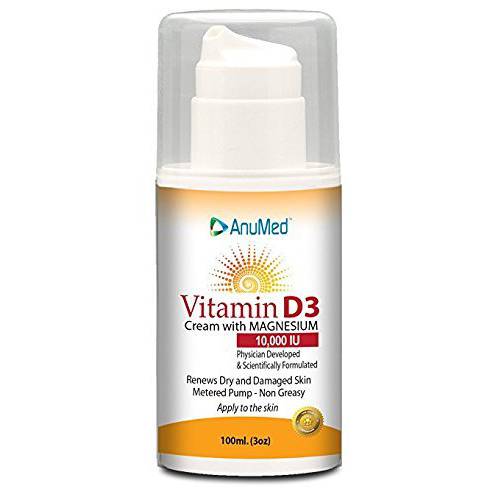 AnuMed Vitamin D3 Cream With Magnesium 10,000 IU | Healthy Skin Care & Face Cream | Maximum Calcium Absorption | Non-Greasy Moisturizer For Dry Skin - 3 Ounces Each (Pack of 2)