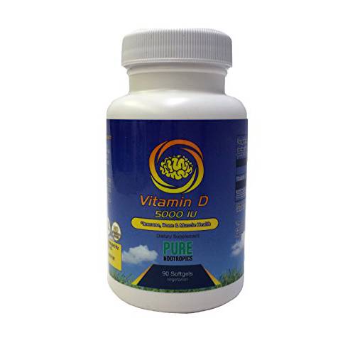Pure Nootropics Vitamin D3 5000 IU | 90 Count softgels | High Potency | Supports Immune System, Bone Health, Non-GMO, 90 Count