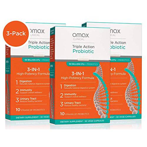 Omax 3 Boxes Probiotic + Prebiotic Supplement Pills, 50 Billion CFU, 10 Clinically Studied Strains, Dairy-Free, Vegan, Non-GMO, Blister Packed (90 Vege-Capsules)