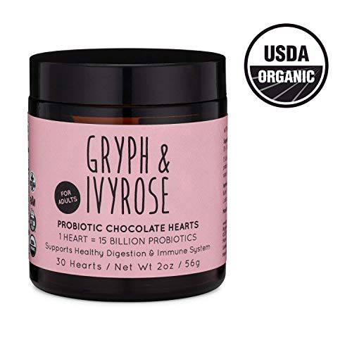 Gryph and IvyRose Probiotic for Adults - Immune System Boost and Digestive Health Snacks - Organic, Vegan, Gluten Free Dark Chocolate Hearts - Ages 12+ (1-Pack)