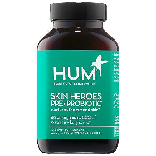 HUM Skin Squad - Probiotic Supplement for Clear Skin - Prebiotic and Probiotic Blend for Balanced Gut Health - Supports a Healthy Gut Microbiome + Digestion - Vegan Daily Probiotic (60 Capsules)