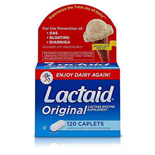 Lactaid Original Strength Lactose Intolerance Relief Caplets with Natural Lactase Enzyme, Dietary Supplement to Help Prevent Gas, Bloating & Diarrhea Due to Lactose Sensitivity, 120 ct