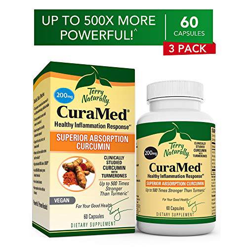 Terry Naturally CuraMed 200 mg (3 Pack) - 60 Vegan Capsules - Superior Absorption BCM-95 Curcumin Supplement, Promotes Healthy Inflammation Response - Non-GMO, Gluten-Free, Kosher - 180 Servings