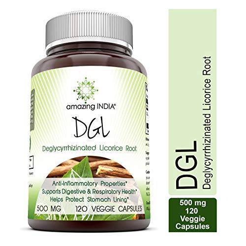 Amazing India DGL, 500 mg, 120 Vegetarian Capsules (Non-GMO)- Anti-Inflammatory Properties* Supports Digestive & Respiratory Health* Helps Protect Stomach Lining*