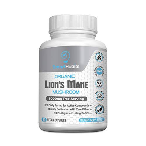 Organic Lions Mane Mushroom Capsules - Pure Extract Nootropic Superfood Natural Supplement - Brain, Nerve & Immune System Support. Handpicked, 3rd Party-Tested, Non-GMO, Gluten Free, Vegan 1000mg Caps