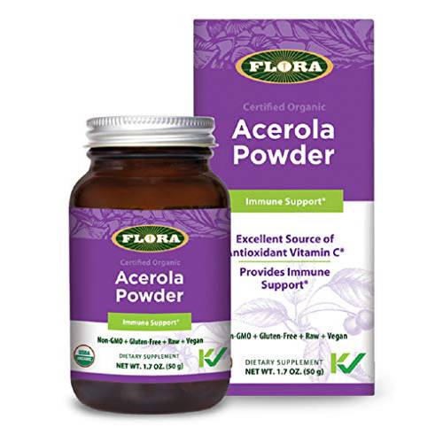 Flora - Acerola Powder, Daily Immune Booster with Vitamin C, Gluten Free & Vegan Vitamin C Antioxidant Powder, 1.7-oz. Glass Bottle