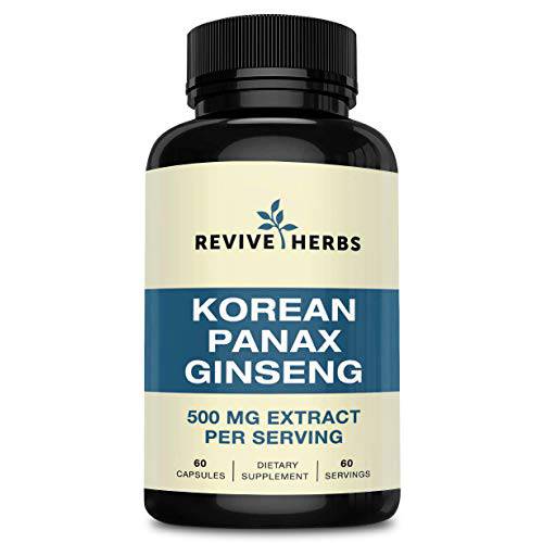 Korean Panax Ginseng 10% Extract - Naturally Supports Energy, Focus and Brain Functions - 500 MG Extract Per Serving, 60 Servings, 60 Capsules - by Revive Herbs