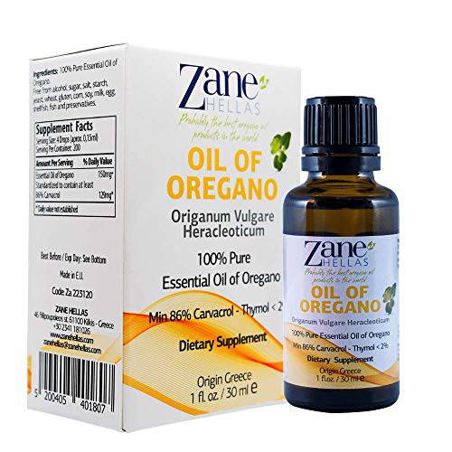 Zane Hellas 190 mg Oregano Oil-164 mg Carvacrol per Serving-4 Drops Daily. 100% Greek Undiluted Oil of Oregano. 86%-90% Min Carvacrol. Probably The Best Oregano Oil in The World. 2 fl. oz.- 60ml
