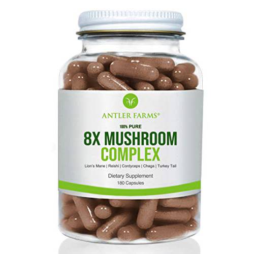 Antler Farms - 100% Pure 8X Mushroom Complex, Equiv. to 12,600mg - Organic Five Mushroom Blend of Concentrated 8:1 Extracts - Lion’s Mane, Reishi, Cordyceps, Chaga, Turkey Tail, Fruiting Bodies Only