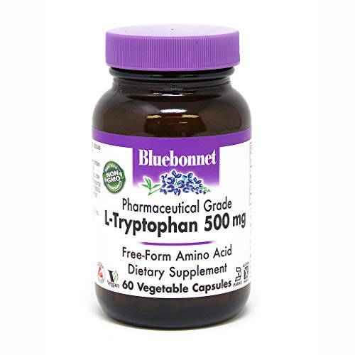 Bluebonnet Nutrition L-Trypotophan 500mg, for Neurotransmitting Support*, Supports Positive Mood*, Soy-Free, Gluten-Free, Non-GMO, Kosher Certified, Vegan, White 60 Vegetable Capsules, 60 Servings