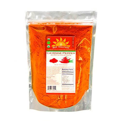 Organic Cayenne Powder, Buy Wellness, USDA Cert 35 K H.U FRESH Made from HIGHEST QUALITY CHILI, Chef Grade Cayenne powder 16 ounces, (1 LB) Bag