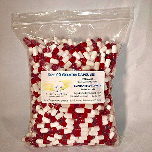 PurecapsUSA – Empty Scarlet Red/White Gelatin Pill Capsules - Fast Dissolving and Easily Digestible - Preservative Free with Natural Ingredients - (1,000 Joined Capsules) - Size 00