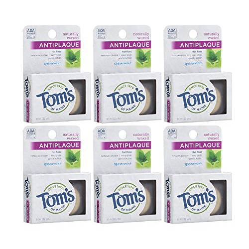 Tom’s of Maine Naturally Waxed Antiplaque Flat Dental Floss, Spearmint, 32 Yards 6-Pack (Packaging May Vary)