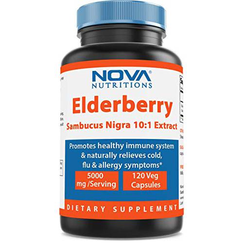 Nova Nutritions Elderberry Sambucus Nigra 10:1 Extract, 5000mg Equivalent, 120 Veg Capsules - Naturally relives Cold, flu & Allergy Symptoms - Promotes Healthy Immune System