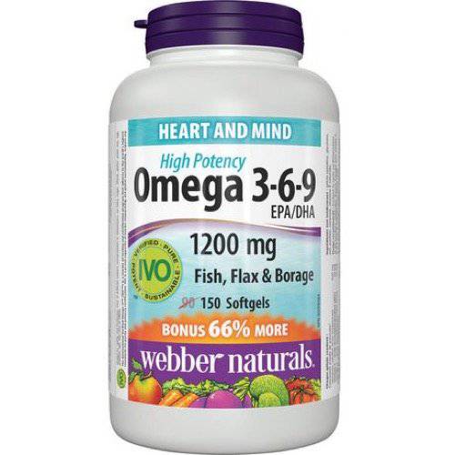 Webber Naturals Omega 3-6-9 Flaxseed, Fish & Borage Oils 1200 mg, 150 softgels