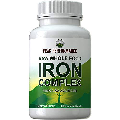 Raw Whole Food Iron Complex Vegan Supplement for Women and Men. Best USA Sourced Iron + Vitamins C, B12, and 25+ Vegetables and Fruits for Max Absorption. Non Constipating Capsules. 30 Pills