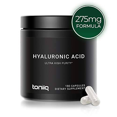 Ultra High Purity Hyaluronic Acid Capsules - 95%+ Highly Purified and Highly Bioavailable - 275mg Formula - Non-GMO Fermentation - High Strength with Vitamin C - 180 Capsules