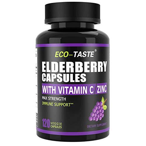 Elderberry Capsules with Zinc & Vitamin C - 120 Capsules, Sambucus Elderberries for Immune Support, Skin Health - Veggie Caps