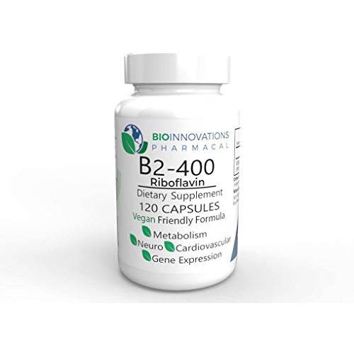 Bio-Innovations Pharmacal - Pure B2-400 Riboflavin (120 Vegan Capsules) Supports Nervous System Health, Helps Boost Energy and Metabolism