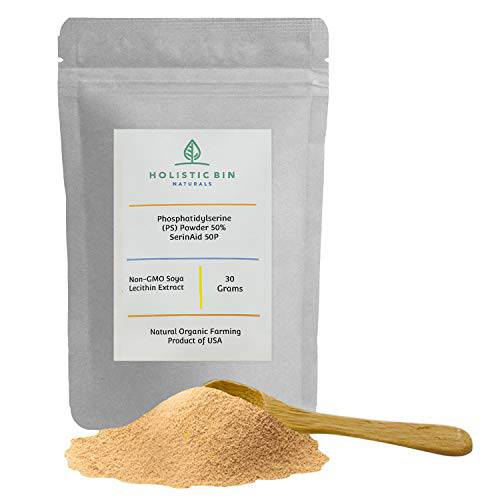 Phosphatidylserine Powder by Holistic Bin | SerinAid® 50P | Pure Patented PS Supplement Powder Extracted from Non GMO Soy Lecithin | Nootropics Brain Support Supplement for Memory & Focus