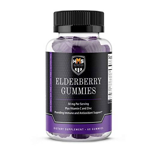 HMS Nutrition Premium Natural Sambucus Black Elderberry Gummies - with Added Vitamin C & Zinc for Immune Support - 60 Chewable Vegetarian Gummies - USA Made Supplement