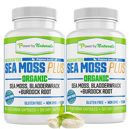 Power by Naturals - Certified Organic Sea Moss Plus - (2-PK) Wildcrafted Irish Sea Moss and Bladderwrack Burdock Root Capsules - Vegan Seamoss Pills for Cell Health - No Filler- Pure Sea Moss Capsules