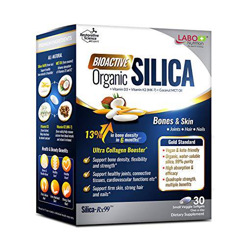 LABO Nutrition Bioactive Silica, 99% Purity Rice-Derived Silica with 42mg Silicon Per Serving, Intensive Collagen Generator, Strengthen Joint & Bone, for Skin, Hair & Nails Support. Vegetarian