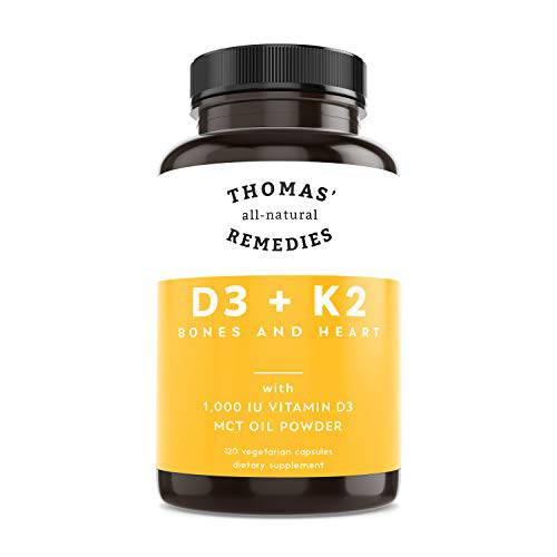 Thomas’ all-natural Remedies D3 + K2 with MCT Oil for Better Absorption - 1000 IU D3 - Vegan - Made in USA - Support for Your Heart, Bones & Teeth - Non-GMO - 120ct