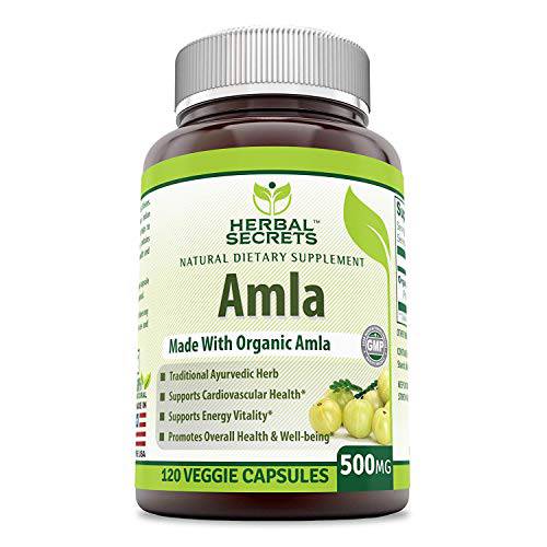 Herbal Secrets Organic Amla 500 Mg 120 Veggie Capsules (Non-GMO) - Supports Cardiovascular Health, Energy Vitality* Promotes Overall Health and Well Being*