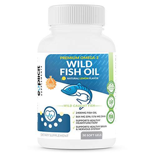 Wild Fish Oil Omega 3 2400mg - EPA/DHA - Burpless, Lemon Flavored Non-GMO, Gluten & Soy Free – 1 Month - eXplicit Supplements